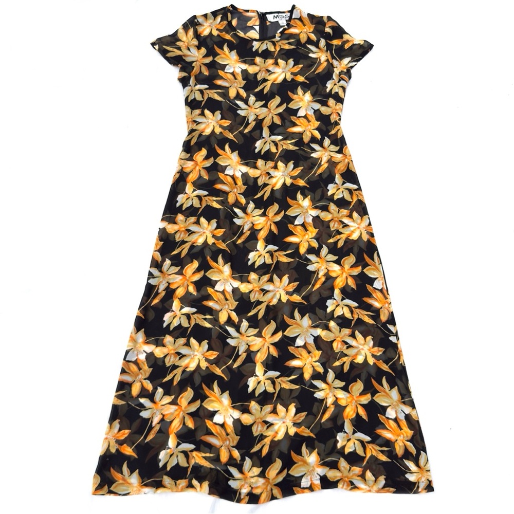 Vintage 90s Miss Black Orange Floral Sheer Short Sleeve Fairy Goth Maxidress